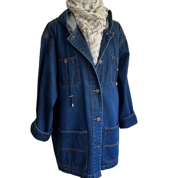 Denim Medium Wash Long Line Hooded Chore Jacket Coat Size 26/28 W - Picture 5 of 16